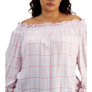 Tommy Hilfiger Women’s Windowpane Plaid Soft Flowy Off the Shoulder Blouse Sz 2X